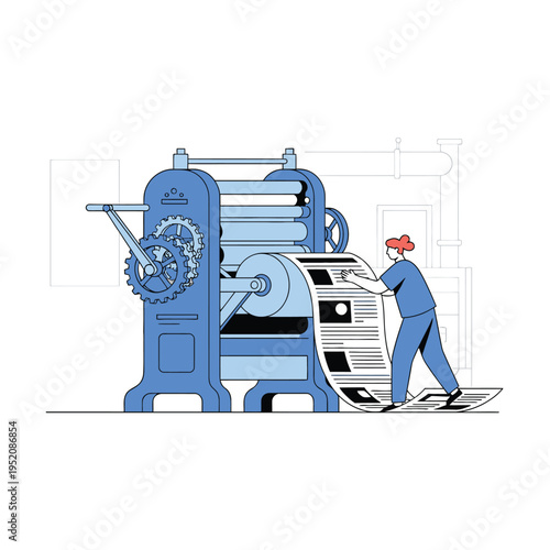 Printing press in action a worker tending to a large industrial machine with newspapers rolling out