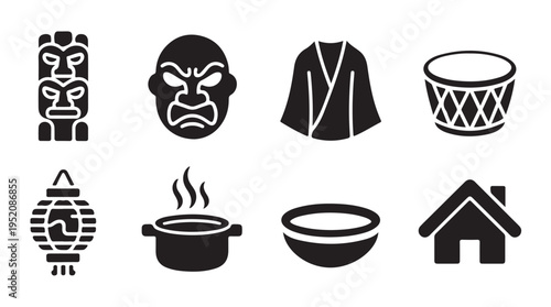 Asian and polynesian cultural icons including lantern and tribal mask and domestic objects