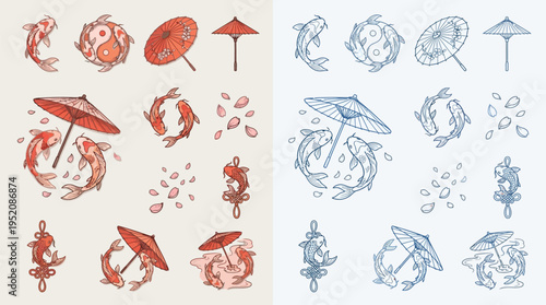 Collection of stylized Japanese koi fish, yin yang symbols, and traditional umbrellas in red and blue color schemes, with scattered petals.