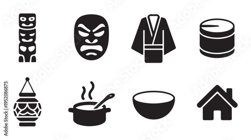 Asian culture glyph icons set. tiki totem, kabuki mask, kimono, japanese drum. paper lantern, hot pot