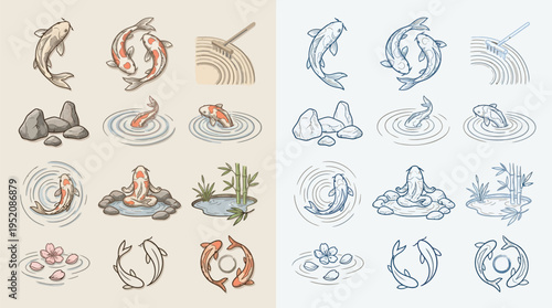 Collection of Japanese Zen Garden and Koi Fish Illustrations in Two Color Palettes.