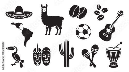 South american culture glyph icons set. sombrero, llama, coffee beans, guitar, toucan, masks, cactus