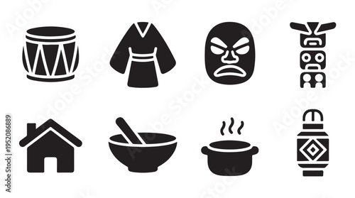 Asian culture glyph icons set. drum, kimono, kabuki mask, tiki totem. house, mortar, hot pot, lantern