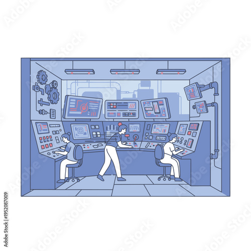 Modern Control Room with Technicians Monitoring Complex Systems and Data Displays