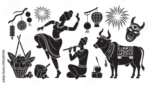 Indian traditional festival design elements. dancer, flutist, ox, mask, fireworks, and lanterns