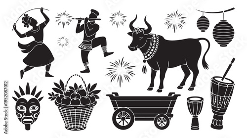 Indian festival elements set. dancer, musician, ox, fireworks, fruit basket, drum, and cart