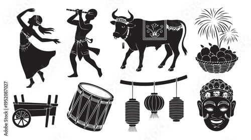 Traditional culture festival icons set. dancer, musician, bull, fruit basket, drum, mask, and lanterns