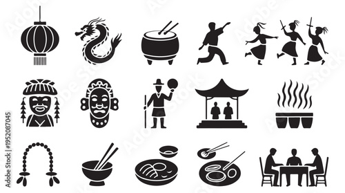 Chinese cultural symbols including dragon lantern dancers and food icons