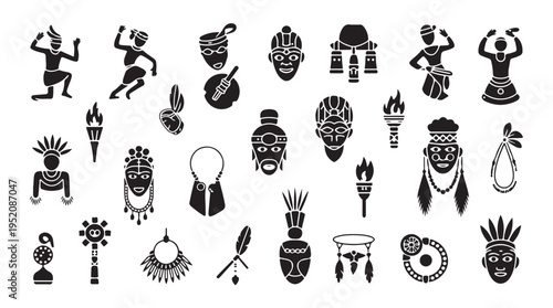 African tribal masks dancers and ceremonial objects symbols vector collection
