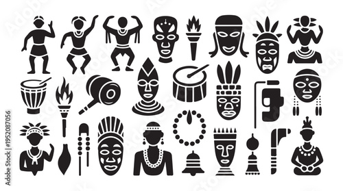 African tribal masks dancers and ceremonial objects symbols vector collection