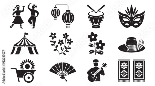 Traditional cultural celebration icons featuring folk dance lanterns and musical performance