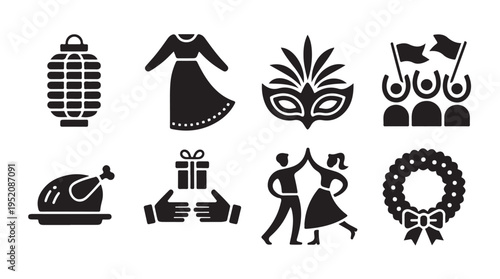Carnival and festive celebration symbols featuring costumes masks gifts and decorative elements