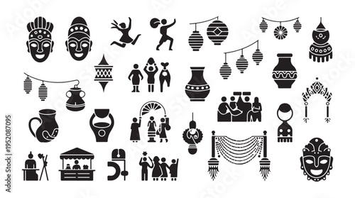 Global cultural heritage and community festival icons with masks ornaments and ethnic symbols