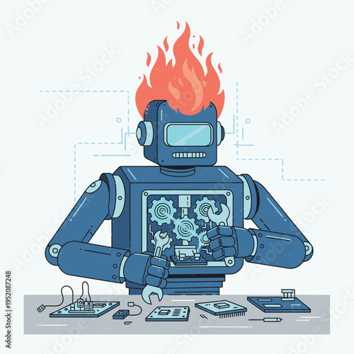 Creative illustration of a blue robot with its head on fire, working on its inner mechanisms with tools, symbolizing technological innovation and complex repair processes