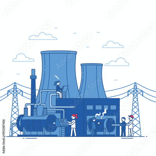Nuclear Power Plant with Cooling Towers and Workers.