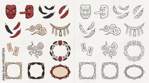 Collection of Japanese cultural icons and decorative elements, including masks, chili peppers, clouds, and ornate frames, presented in both color and outline versions.
