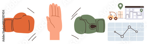 Conflict resolution, teamwork, logistics, supply chain, competition, productivity. Red boxing glove, hand stopping green boxing glove forklift map graph. Conflict resolution and teamwork concept