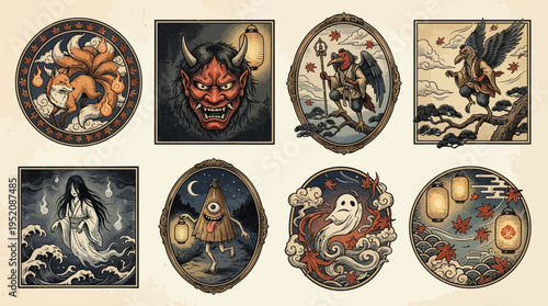 Collection of eight Japanese folklore-inspired circular and square framed illustrations featuring mythical creatures and spirits.