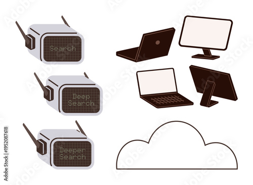 Cloud computing, search technology, data analysis, internet services, connectivity, IT solutions. are search devices, computers and a cloud. Cloud computing and search technology theme