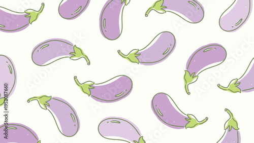 An abstract art background features purple eggplants.
