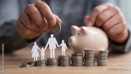 a man is putting coins into his piggy bank next to it, there's an outline of a family and money on top of which they stand background is blurred, focusing attention only on the hands Generative AI