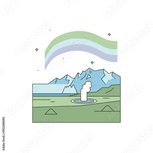 Scenic Iceland landscape featuring the Northern Lights illuminating a geyser and snow-capped mountains