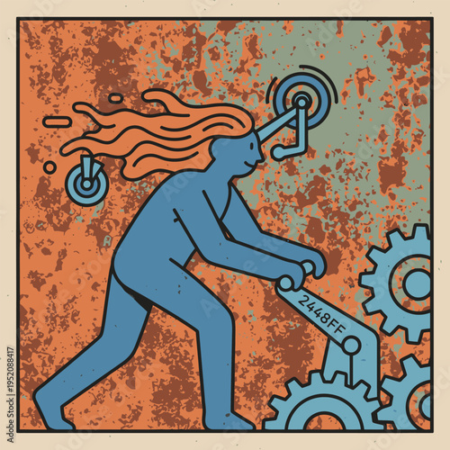 Blue figure operating complex machinery with gears and levers.