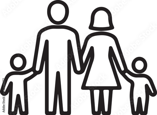 A minimalist black line art icon representing a happy family with two parents and two children