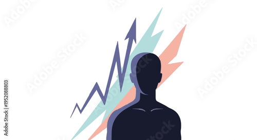 Conceptual illustration of personal growth and mental development, featuring dynamic upward arrows and vibrant energy behind a human silhouette, symbolizing progress and inner strength