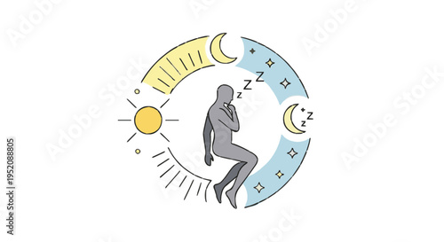 Illustration of a person sleeping peacefully in a cycle representing the passage of time from day to night and back again