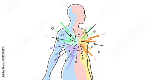Abstract illustration of the human body's internal sensory system, showing potential pain points and nerve signals radiating from color-coded anatomical regions