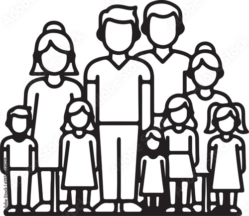 A simple black and white line art illustration representing a large happy family standing together