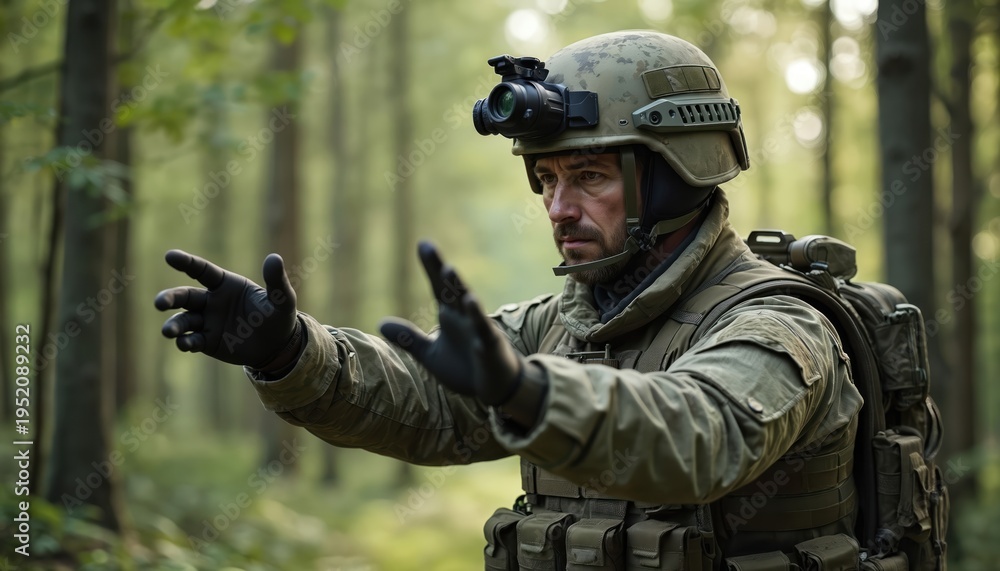 Fototapeta premium Man in camouflage uniform and helmet with night vision device gives hand signals. Soldier moves through forest preparing for mission. Military operation in woodland.