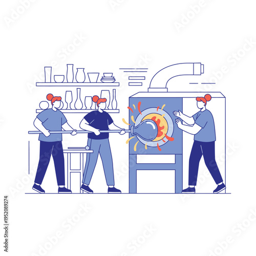 Glassblowing workshop artisans shape molten glass with tools near furnace