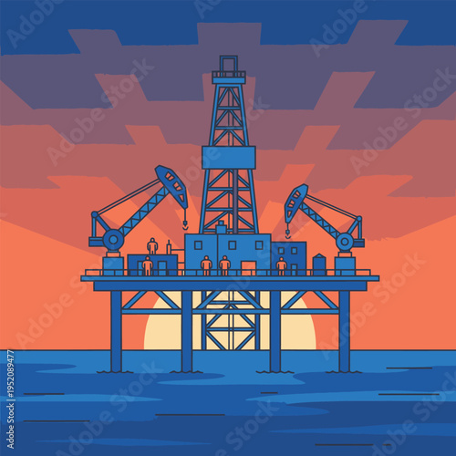 Offshore oil rig with pump jacks at sunset.