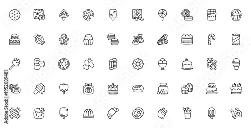 Desserts and Candies icon set. Vector illustration of sweet treats including cake, ice cream, chocolate, cupcake, cookie, donut, candy and more. Editable stroke.