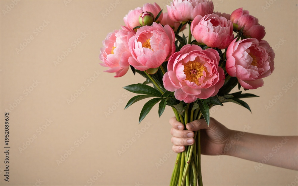Obraz premium Hand holds vibrant pink peonies against soft beige background.