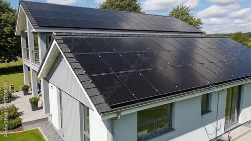 Modern residence equipped with photovoltaic panels on the roof