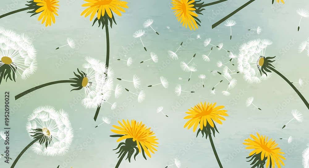 Obraz premium Dandelions and Seeds in Bloom with Flying Pollen.