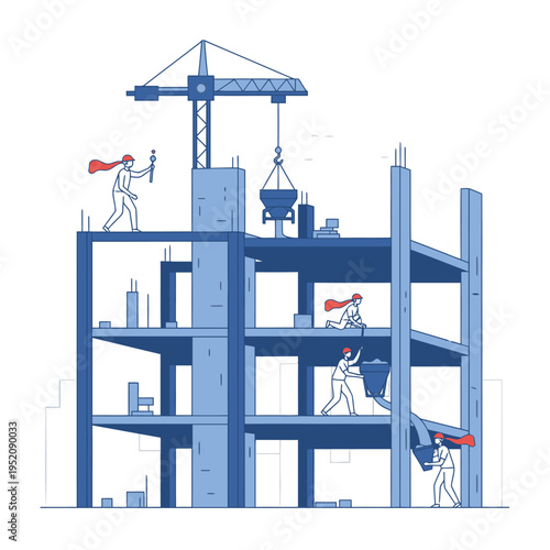 Construction workers building a multi-story structure with a crane.