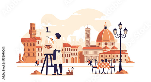Illustration of an artist painting in a historic Italian city square with a painter on an easel and people in the background against a clean white backdrop with warm tones.