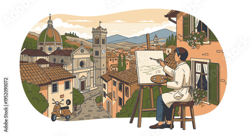 Illustration of an artist painting a scenic view of a European town with mountains in the background.