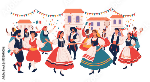 Illustration of a group of people in traditional attire dancing in a festive setting with buildings and colorful bunting in the background.