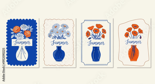 Set of Four Summer Floral Art Prints with Vases of Roses Daisies and Poppies in Blue and Orange Aesthetic