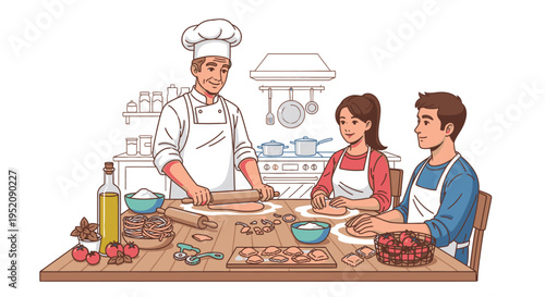 Illustration of a chef and two people making pizzas at a table with ingredients in a kitchen with a white background.