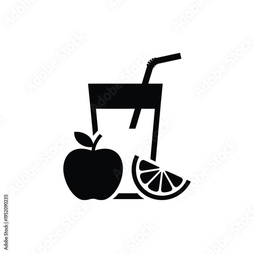 Simple black silhouette of a glass of juice with fruit nearby