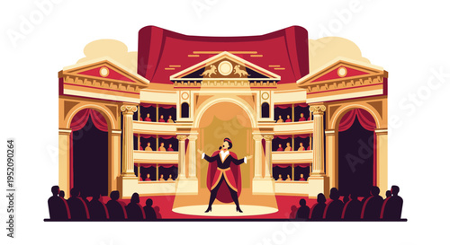 Illustration of a person performing on stage in a theater with an ornate facade and red curtains, against a white background.