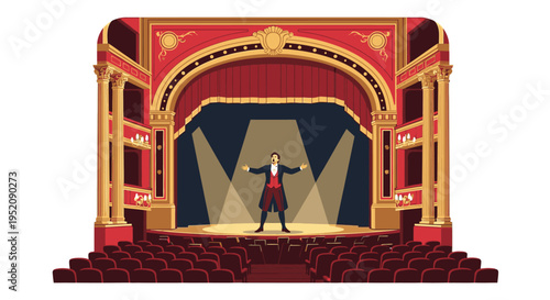 Pixelated illustration of a performer standing on a stage in a classic theater with red and gold decorations and empty seats.