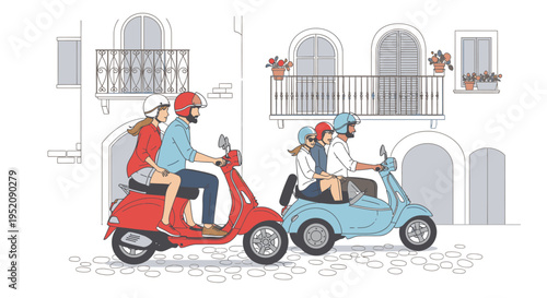 Illustration of a delivery person on a red scooter and a woman driving a blue convertible car on a cobblestone street with buildings in the background.