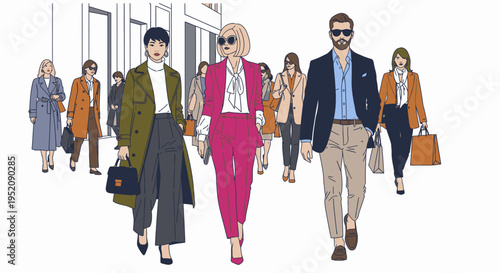 Illustration of a diverse group of business professionals walking together in a modern office setting with a predominantly neutral and corporate color palette.